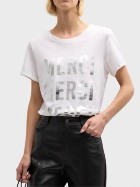 NWOT Cinq à Sept White Short Sleeve MERCI Silver Metallic Foil Graphic Tee Shirt